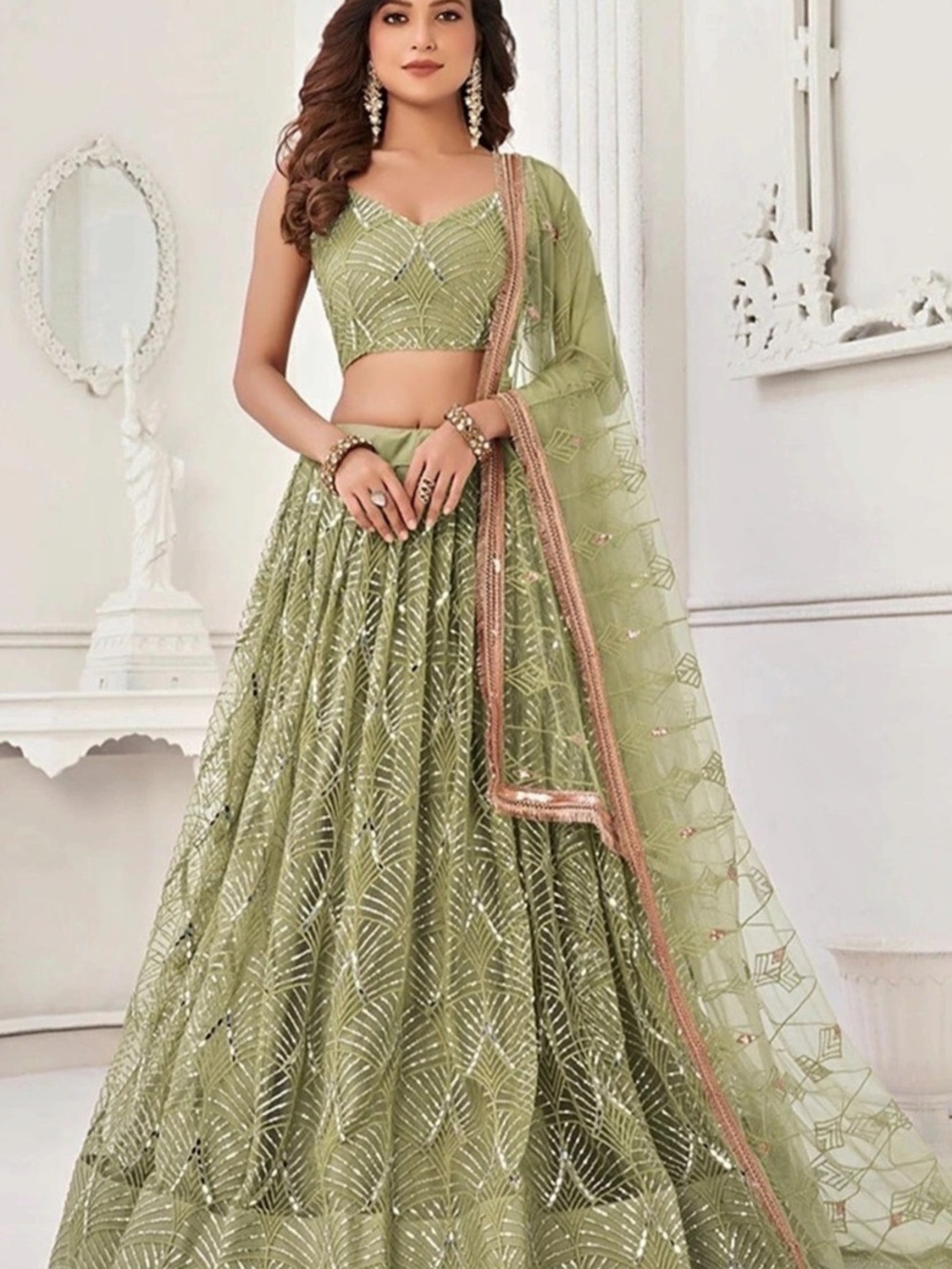 Pista Green Thread Sequin Embroidered Net Lehenga